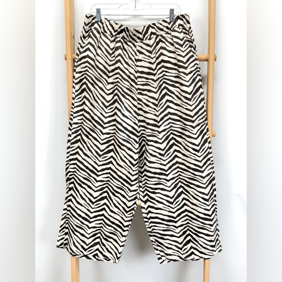 TAHARI Cream and brown zebra print 💯 Linen wide leg crop pants size XL - Picture 1 of 12